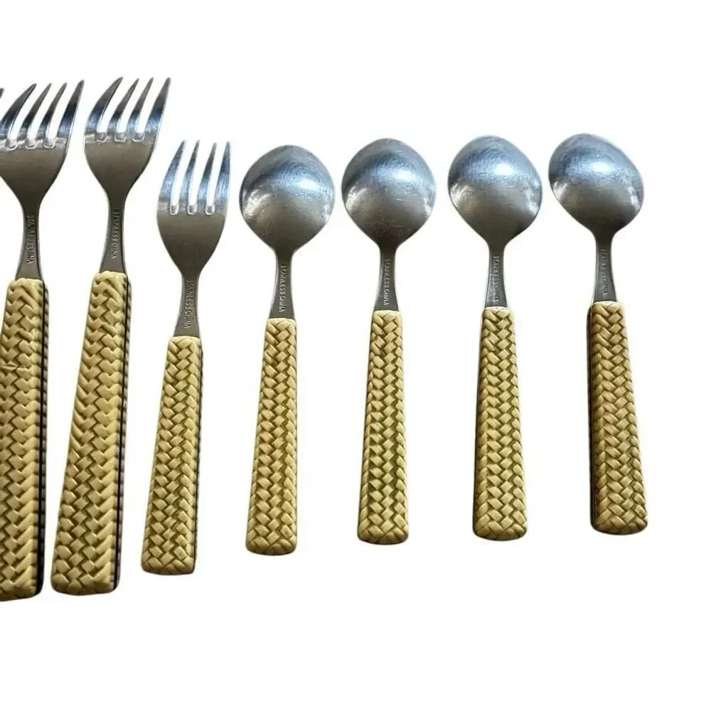 Faux Weaved Bamboo Flatware Lot Of 14